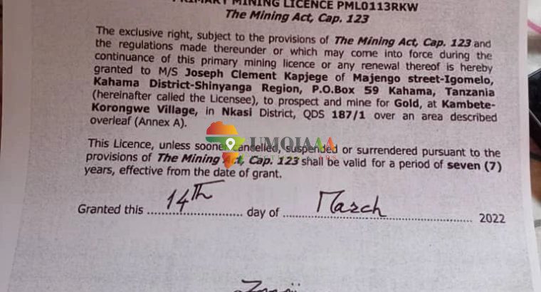 LE TERRAIN D’EXPÉRIENCE D’OR À VENDRE À RUKWA NKASI, TANZANIE